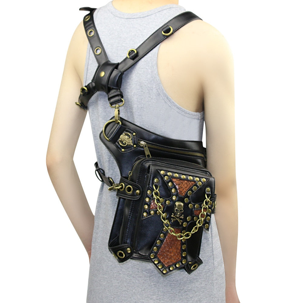 Lady Pockets Retro Messenger Bags Punk Vintage Steampunk Crossbody Women Shoulder Waistbag Men Hombre Skull Rivet Travel Leg Bag