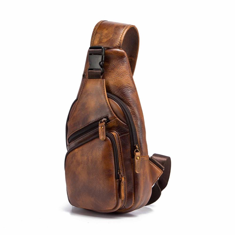 Hot Sale Soft Genuine Leather Fashion Triangle Sling Chest Bag For Men Female 8" Tablet Design One Shoulder Cross body Bag 8015