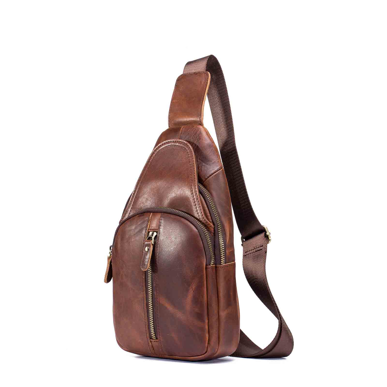 Men Quality Leather Casual Fashion Chest Sling Bag 8" Tablet Umbrella Black Design One Shoulder Daypack Crossbody Bag Male 153d