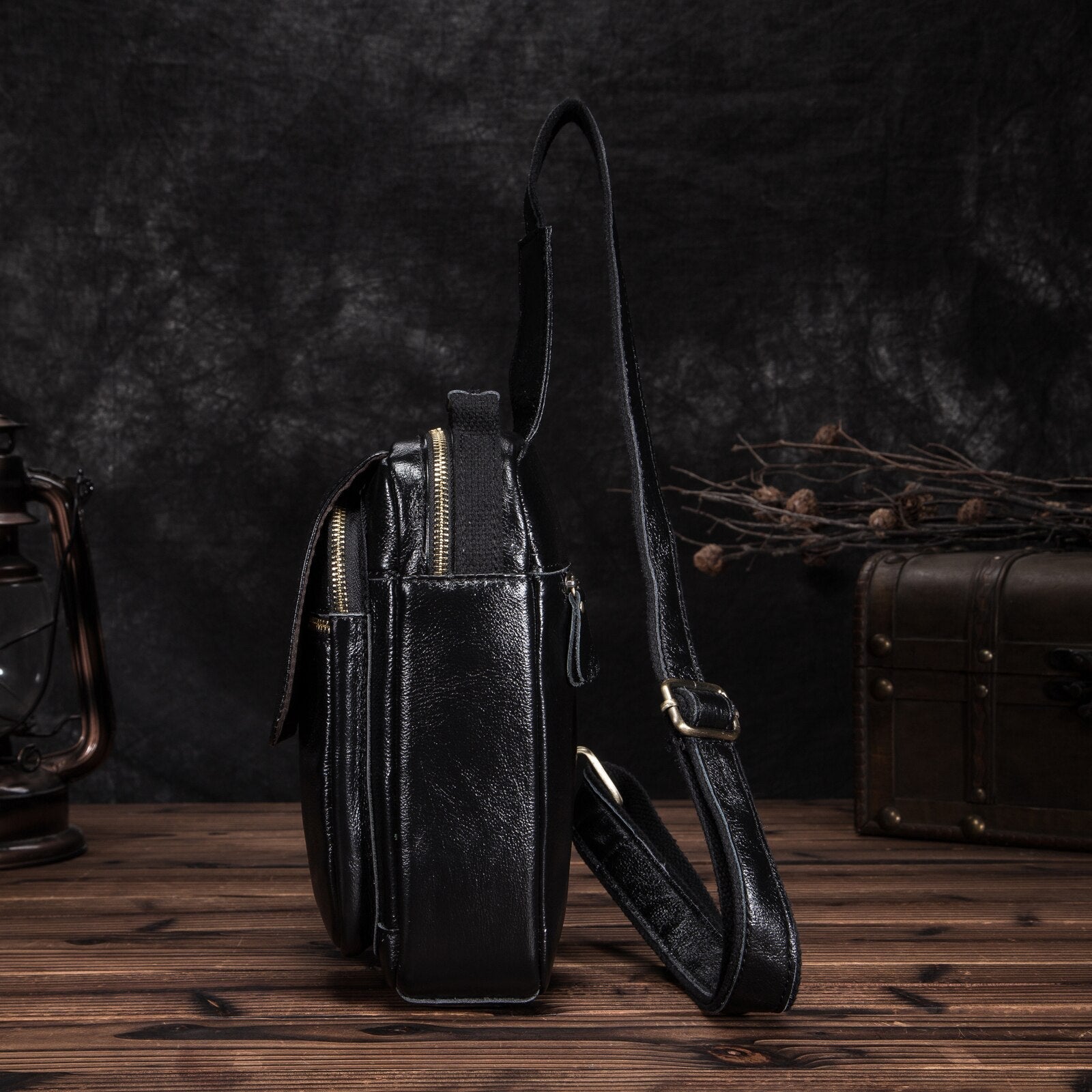 Men Leather Casual Fashion Triangle Chest Sling Bag 8" Tablet Black Travel Design Tote One Shoulder Cross body Bag Male 20154