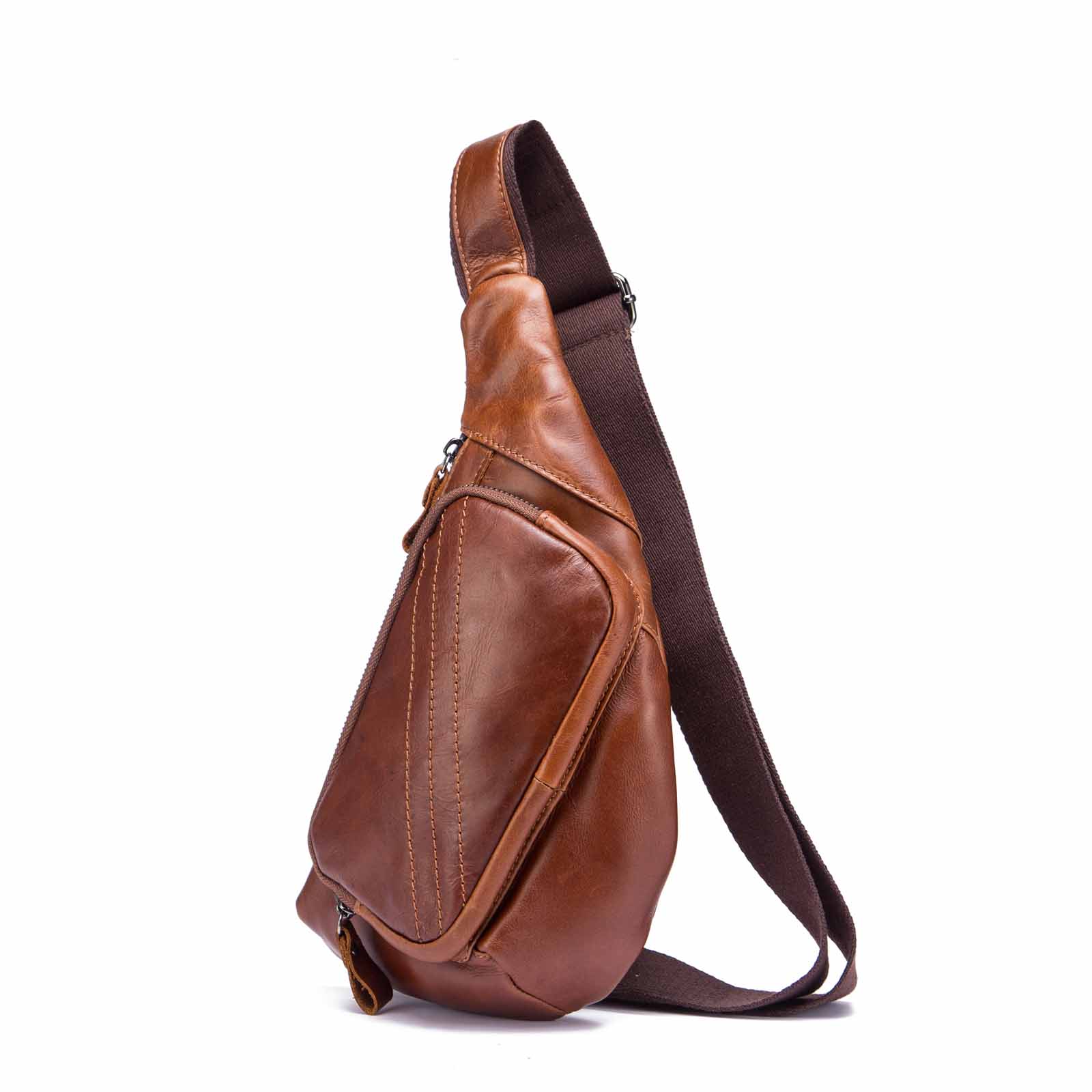 Men Original Leather Casual Fashion Chest Sling Bag 8" Tablet Umbrella Brown Design One Shoulder Bag Cross body Bag Male 8810