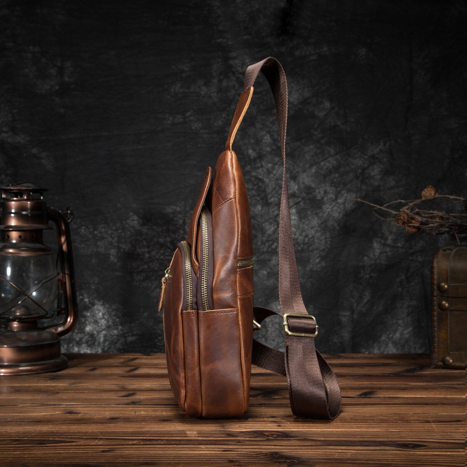 Men Quality Leather Casual Fashion Chest Sling Bag 8" Tablet Umbrella Black Design One Shoulder Daypack Crossbody Bag Male 153d