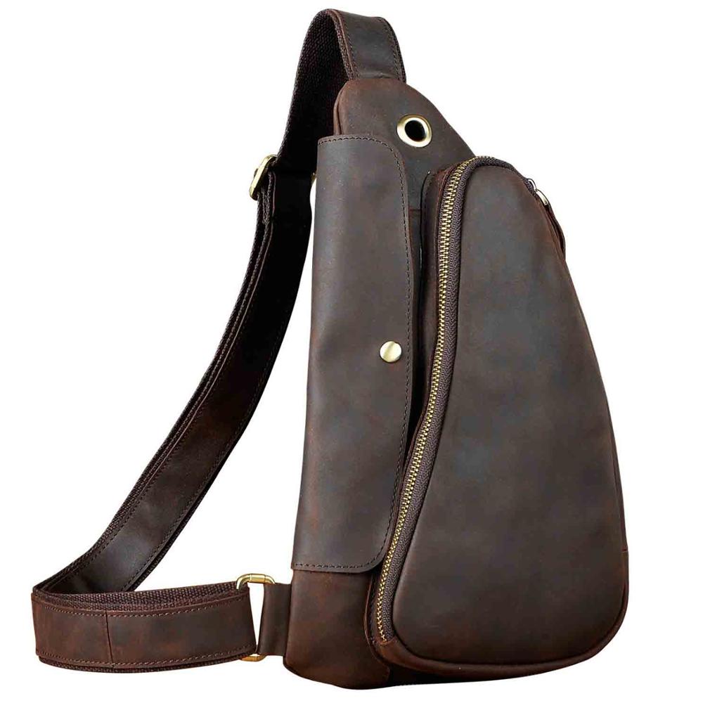 Men Natural Real Leather Casual Fashion Coffee Travel Triangle Chest Sling Bag Design One Shoulder Cross-body Bag For Male 9976