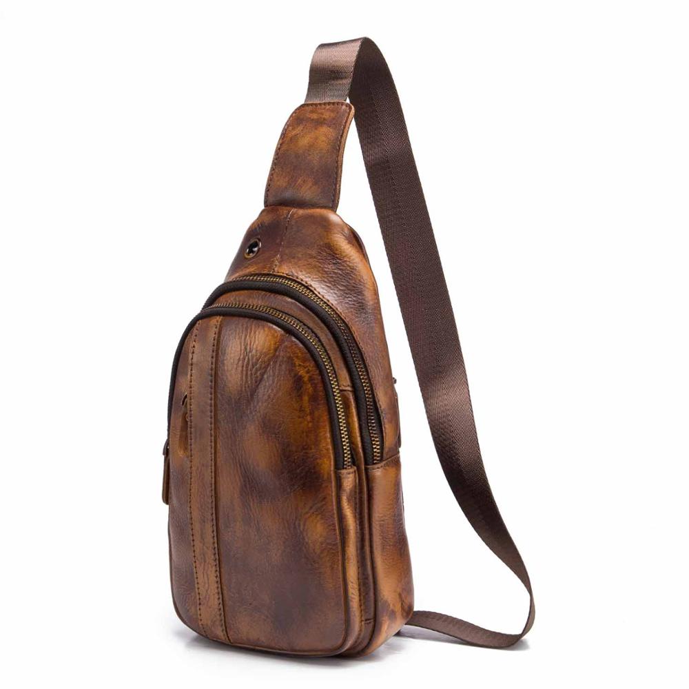 Men Leather Casual Fashion Triangle Chest Sling Bag 8" Tablet Brown Travel Design One Shoulder Bag Cross body Bag Male 010G
