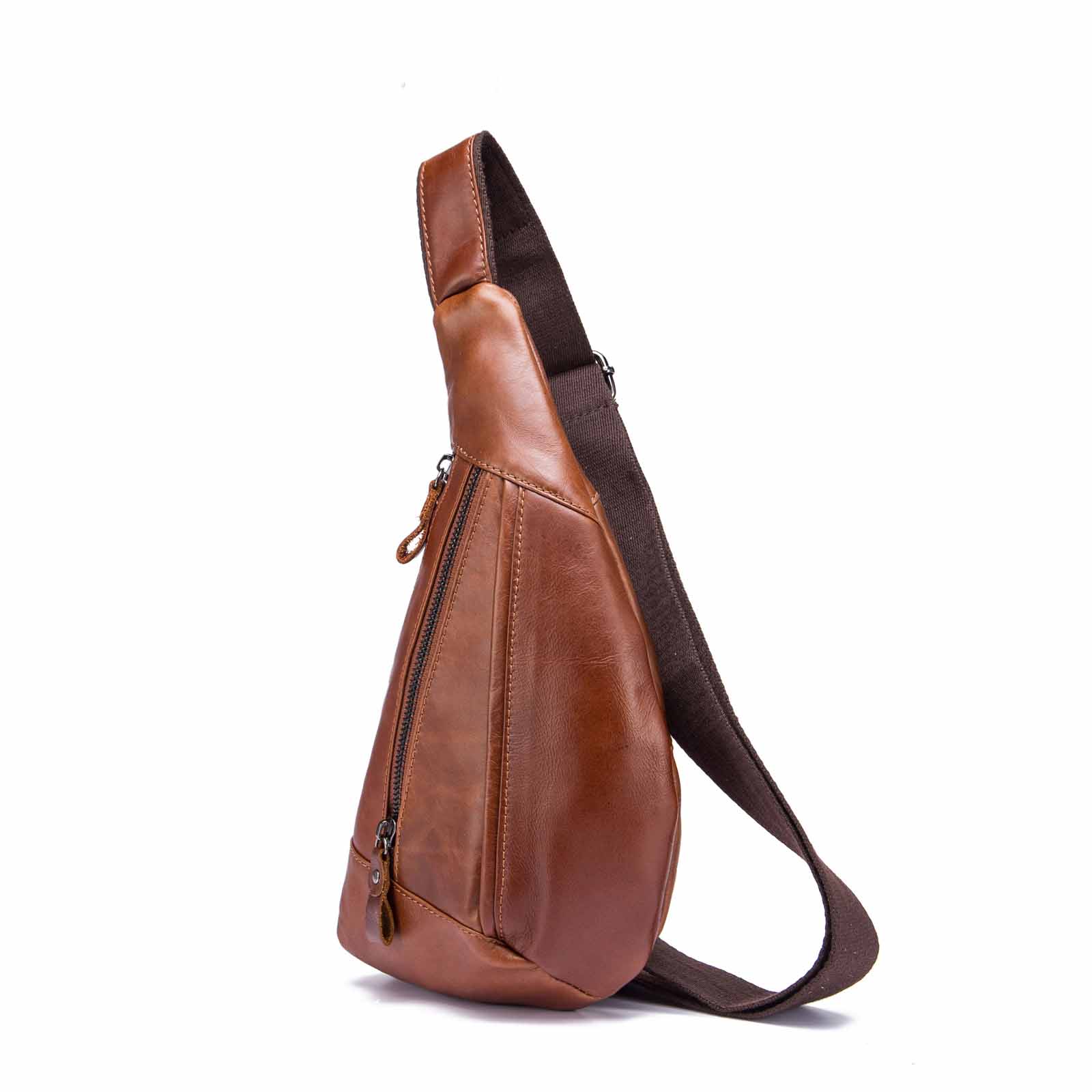 New Men Oil Wax Leather Fashion Blue Triangle Chest Sling Bag 8" Tablet Umbrella Design One Shoulder Cross-body Bag Male 8807