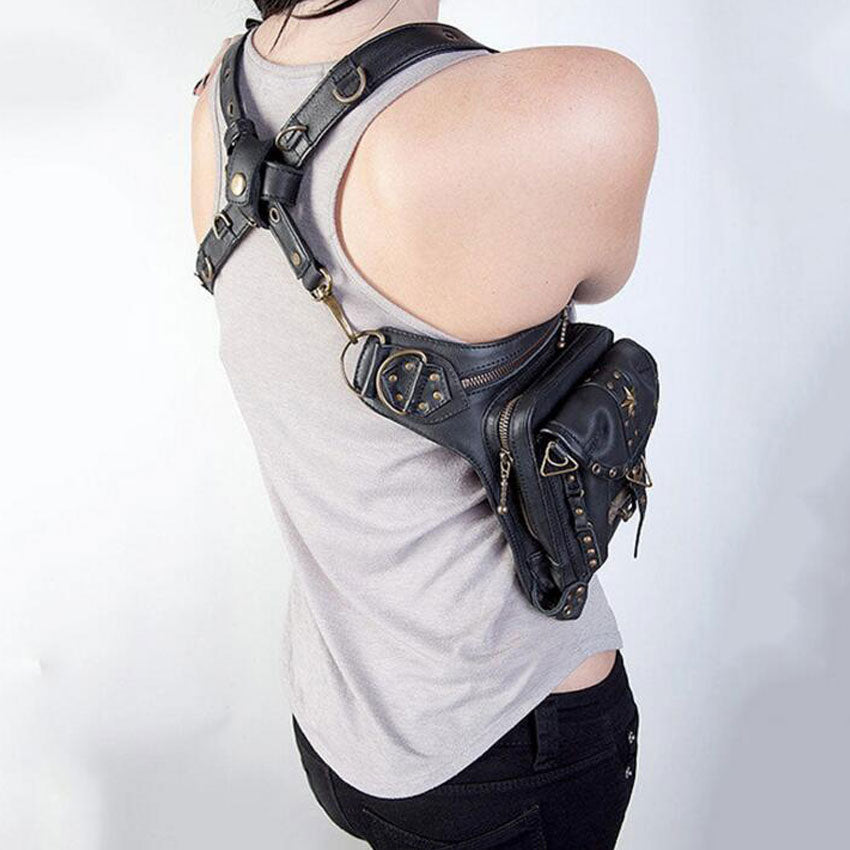 Lady Pockets Retro Messenger Bags Punk Vintage Steampunk Crossbody Women Shoulder Waistbag Men Hombre Skull Rivet Travel Leg Bag