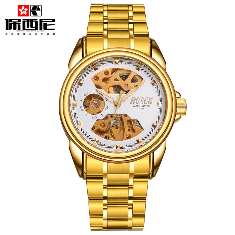 Men's Watches Automatic Mechanical Gold Watch Male Skeleton Dial Waterproof Stainless Steel Band Bosck Sports Watches Self Wind