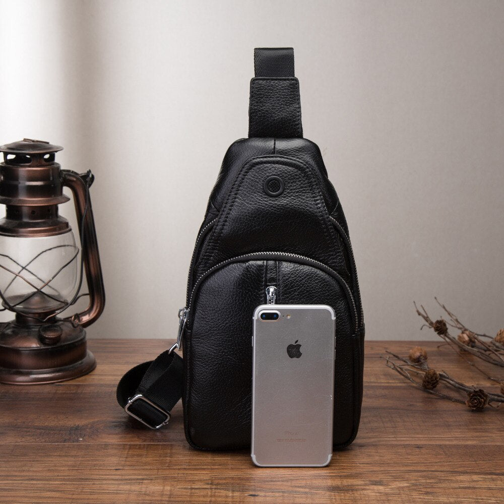 Men Original Leather Casual Fashion Chest Sling Bag 8" Tablet Umbrella Black Design One Shoulder Daypack Crossbody Bag Male 153