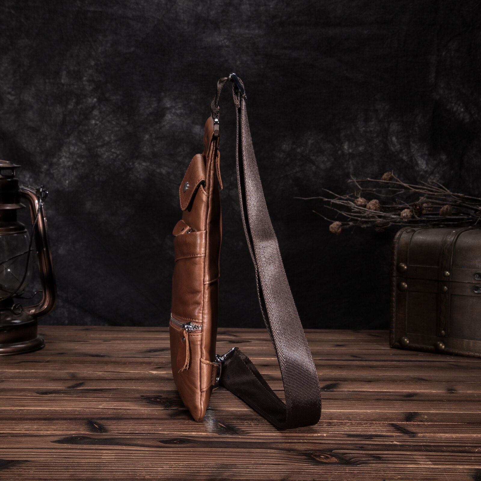 Men Crazy Horse Leather Casual Fashion Triangle Chest Sling Bag 8" Tablet Travel Design One Shoulder Cross body Bag Male 20815