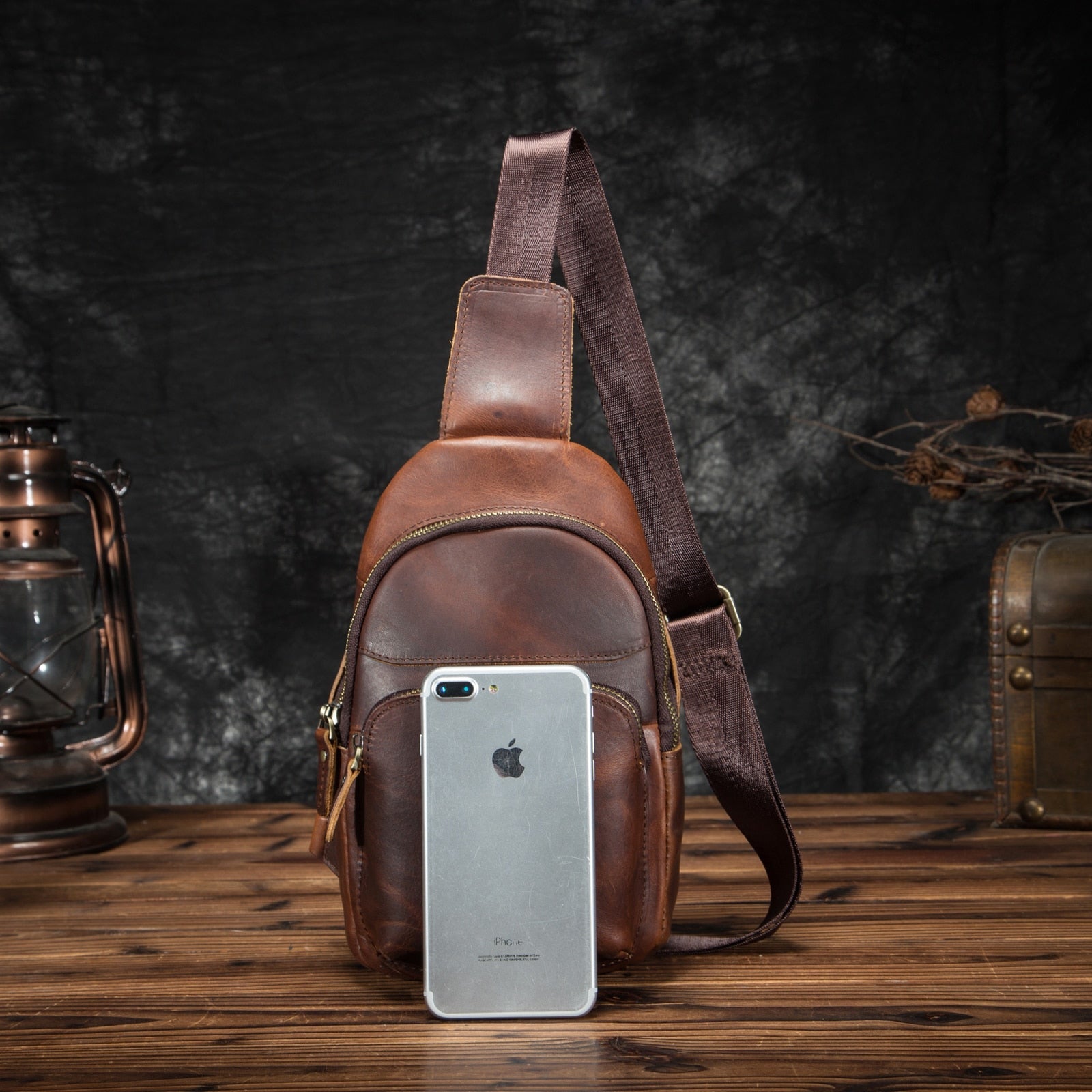 Men Quality Leather Casual Fashion Chest Sling Bag 8" Tablet Umbrella Brown Design One Shoulder Daypack Crossbody Bag Male 8002d