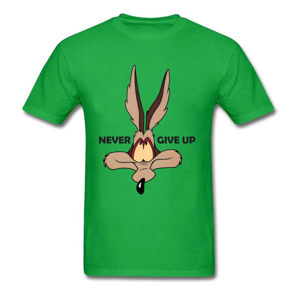 Fox Tops Wolf Tees Men Green Tshirt Coyote Never Give Up Funny T Shirt Latest Cartoon Print T-shirts Cotton Team Clothes Custom