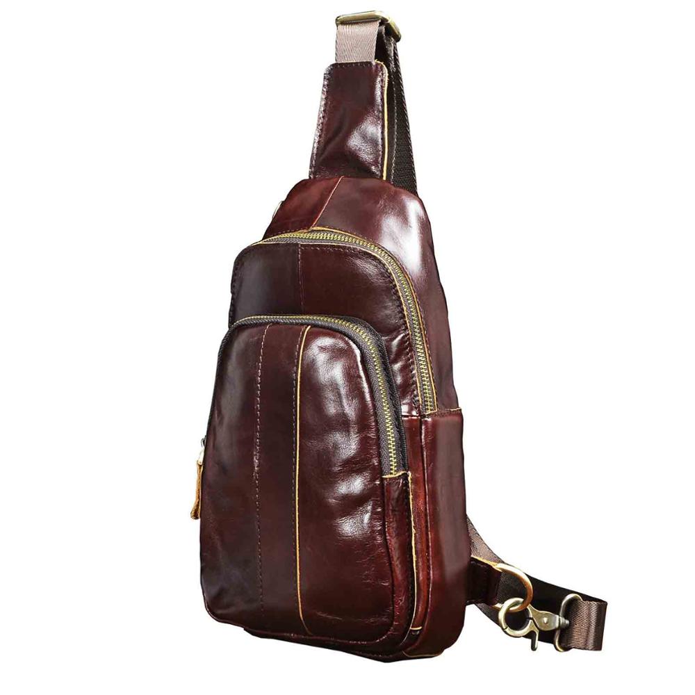 Men Retro Original Leather Casual Design Chest Sling Bag Fashion Travel One Shoulder Bag 8" Tablet Umbrella Daypack Male 8006