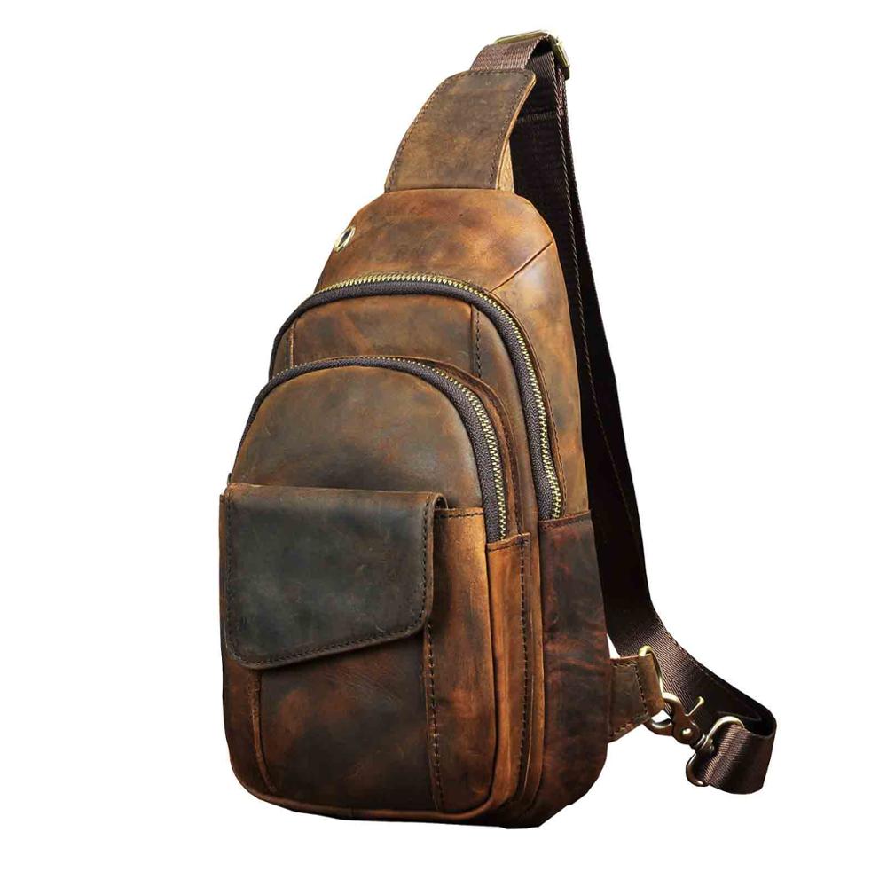 Hot Sale Men Crazy Horse Leather Casual Fashion Daypack Chest Sling Bag 8" Tablet Design One Shoulder Cross body Bag Male 8013w