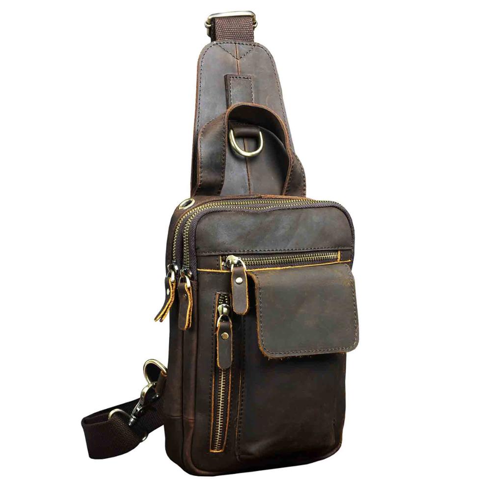 Men Original Leather Fashion Casual Chest Sling Bag Coffee 8" Tablet Tea Design