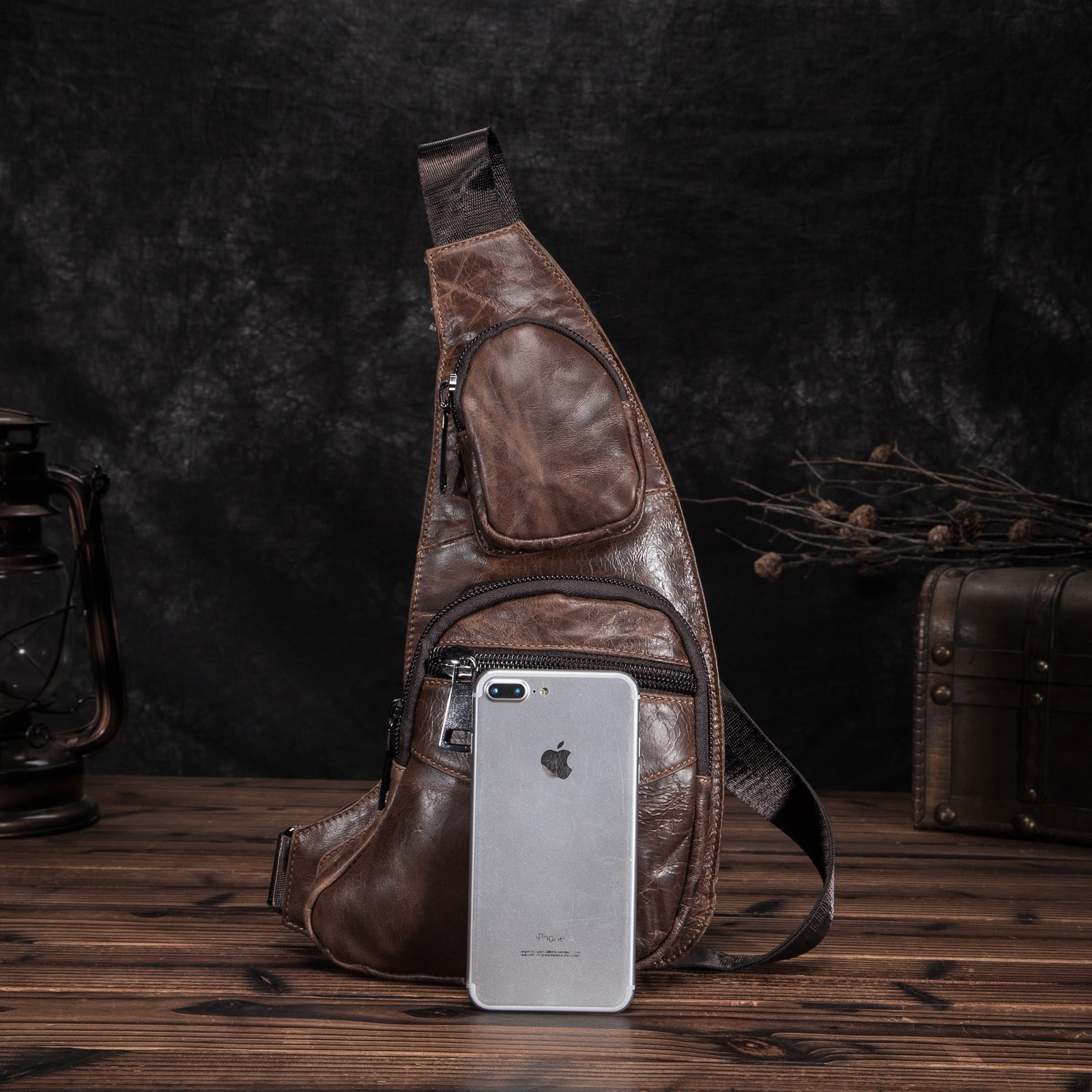Men Leather Casual Fashion Triangle Chest Sling Bag 7" Tablet Coffee Travel Design One Shoulder Bag Cross body Bag Male 2021