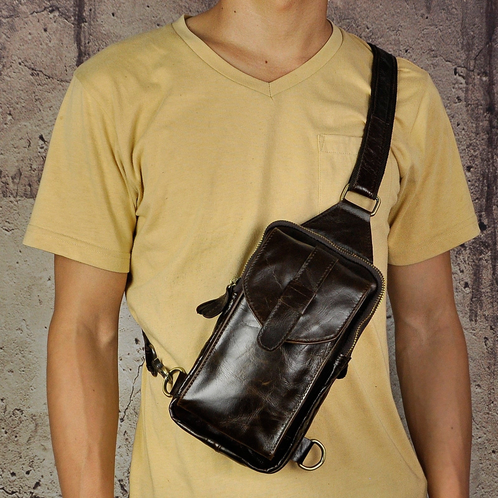 Men Original Real Leather Casual Fashion Coffee Triangle Chest Sling Bag Design