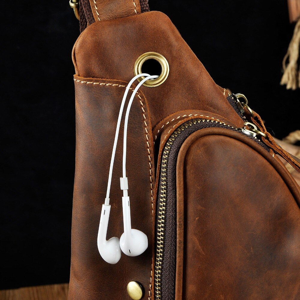 Men Original Real Leather Casual Fashion Coffee Travel Triangle Chest Sling Bag