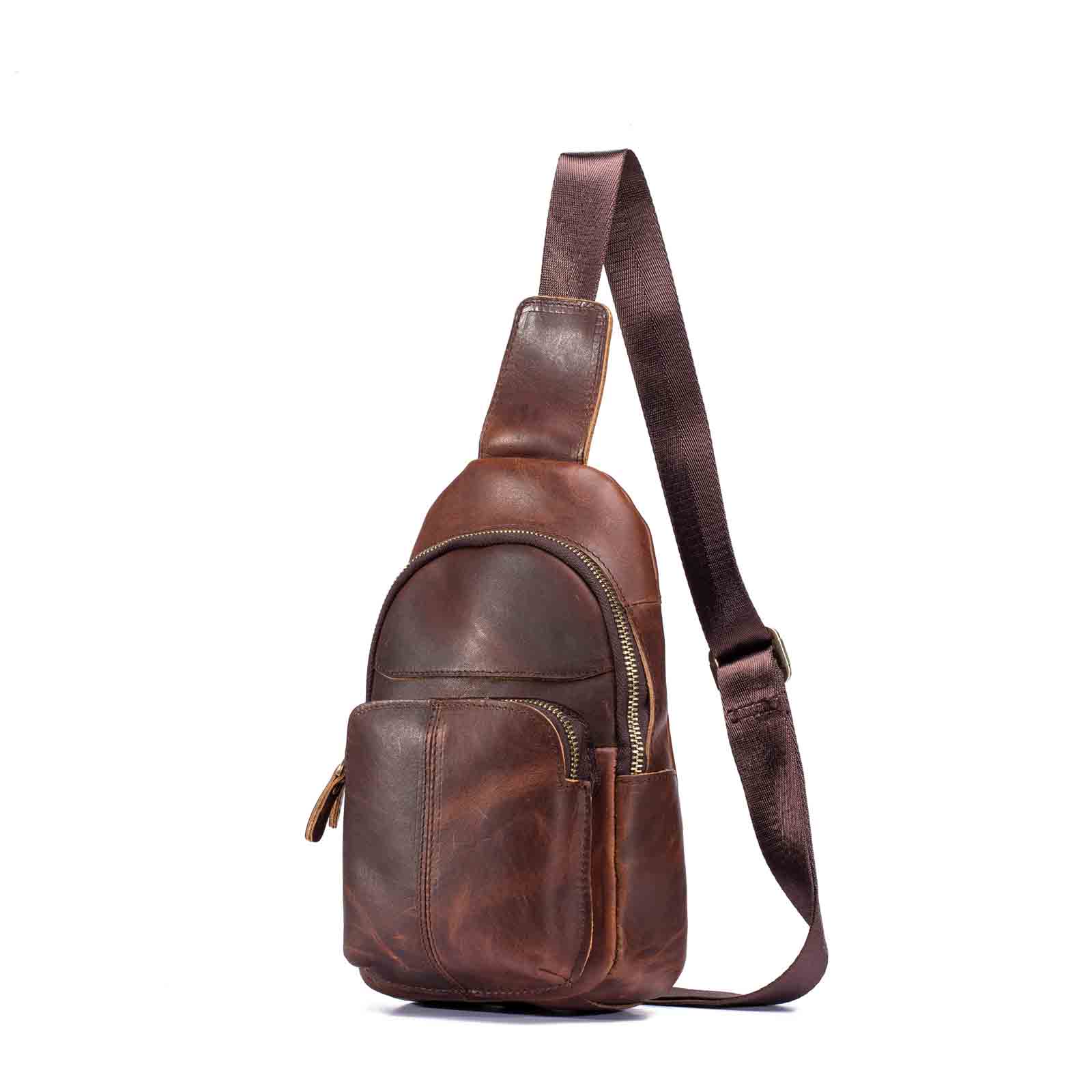 Men Quality Leather Casual Fashion Chest Sling Bag 8" Tablet Umbrella Brown Design One Shoulder Daypack Crossbody Bag Male 8002d
