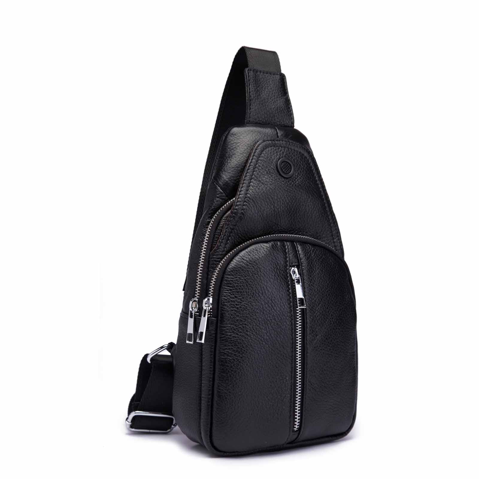 Men Quality Leather Casual Fashion Chest Sling Bag 8" Tablet Umbrella Black Design One Shoulder Daypack Crossbody Bag Male 153d