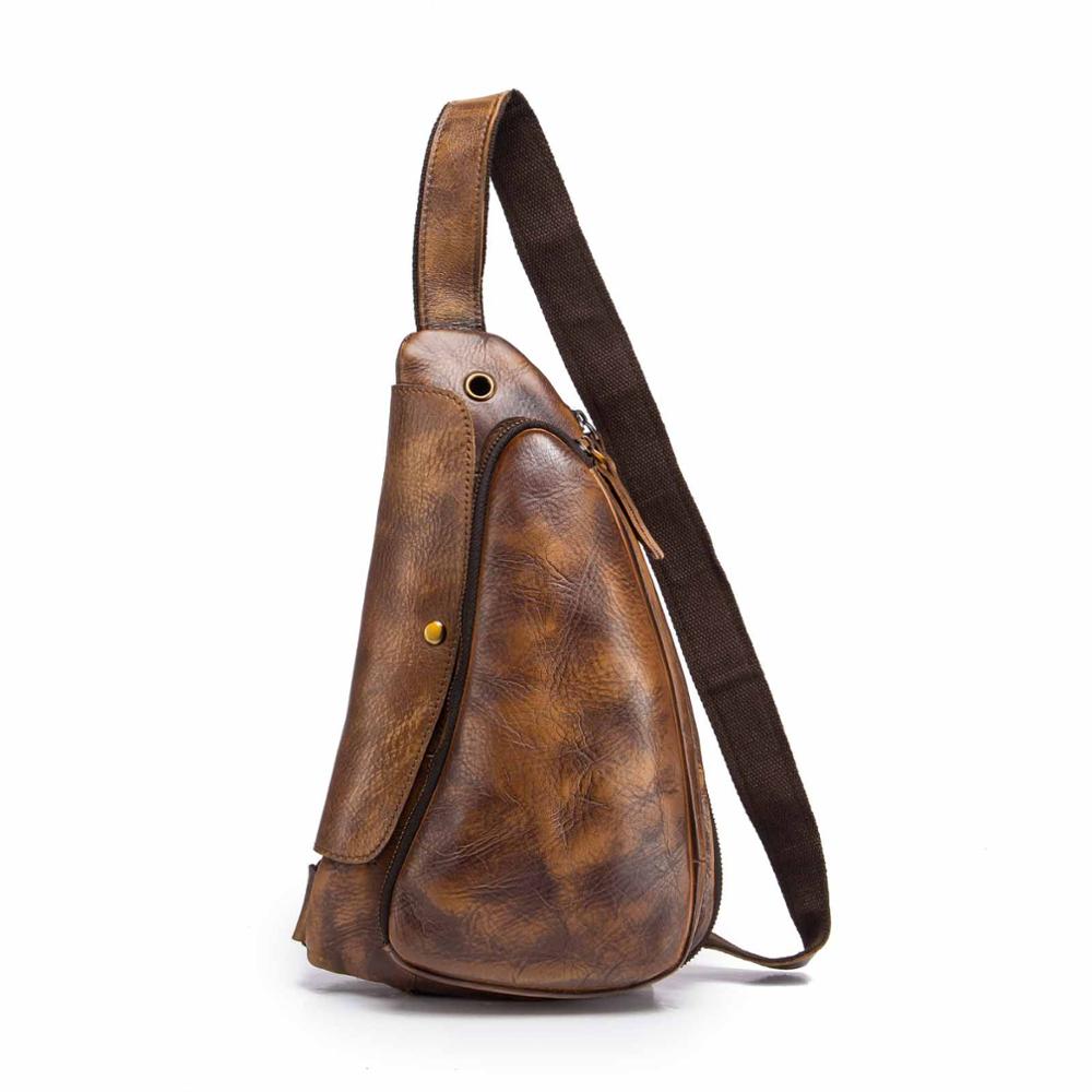 Men Original Real Leather Casual Fashion Coffee Travel Triangle Chest Sling Bag