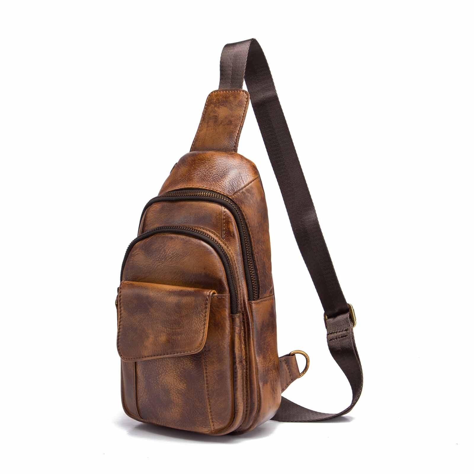 Hot Sale Men Crazy Horse Leather Casual Fashion Daypack Chest Sling Bag 8" Tablet Design One Shoulder Cross body Bag Male 8013w