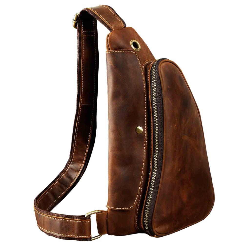 Men Natural Real Leather Casual Fashion Coffee Travel Triangle Chest Sling Bag Design One Shoulder Cross-body Bag For Male 9976
