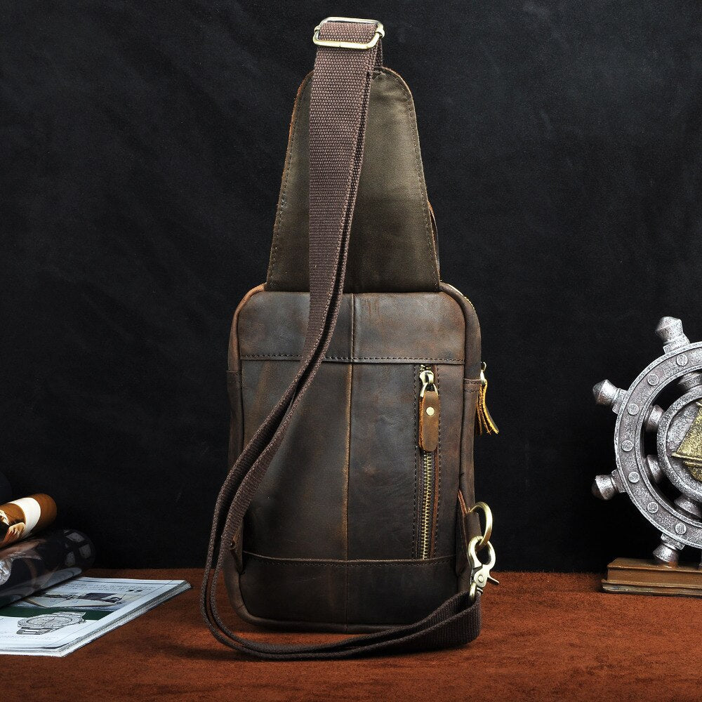Men Original Leather Fashion Casual Chest Sling Bag Coffee 8" Tablet Tea Design