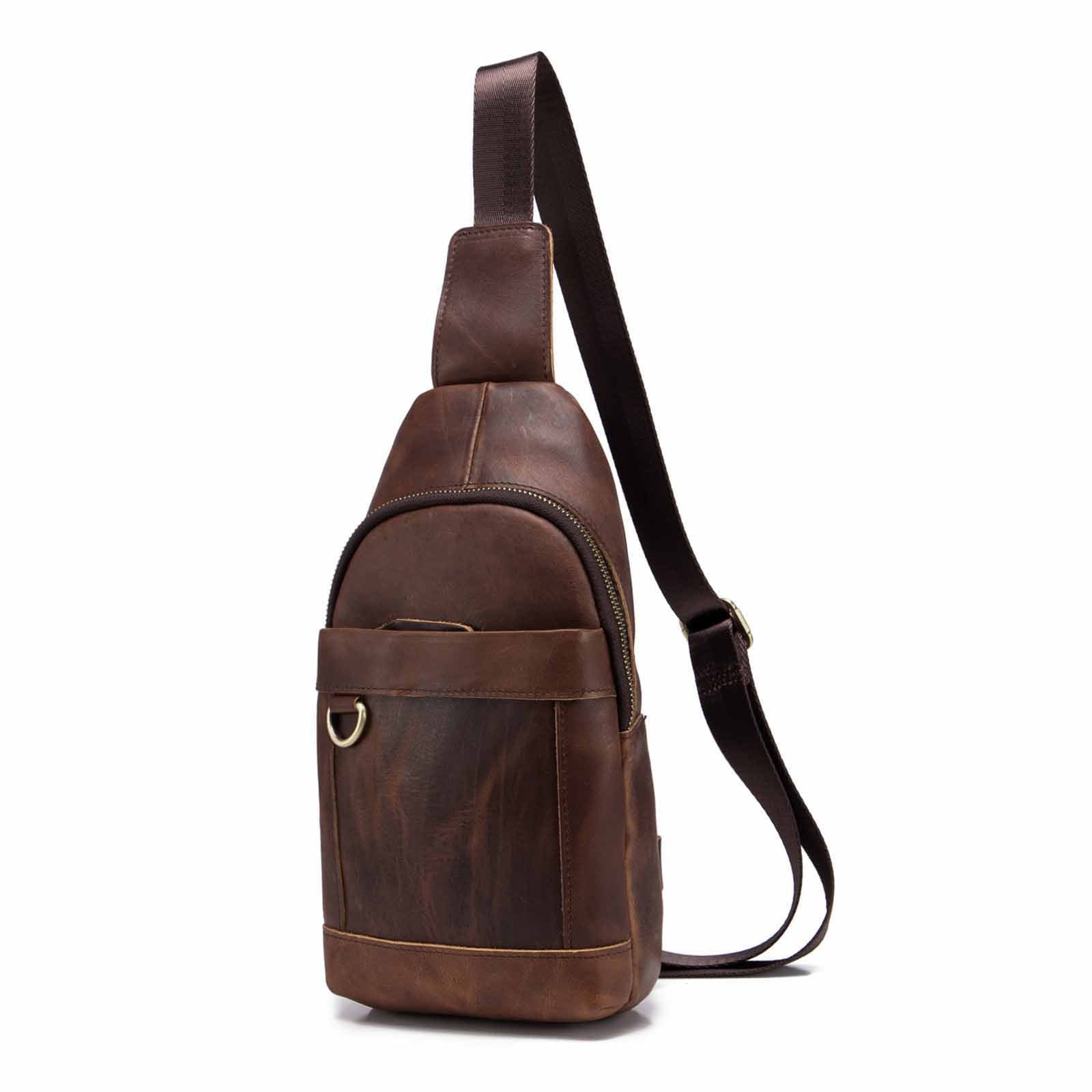 Le'aokuu Men Real Leather Casual Chest Bag Sling Bag Design One Shoulder Bag Crossbody Bag Daypack For Male 8016d