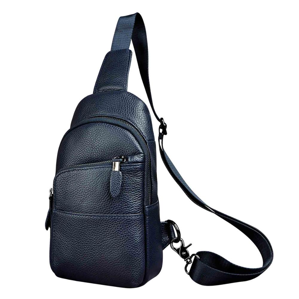 Hot Sale Men Genuine Real Leather Casual Travel Chest Sling Bag Design One Shoulder Bag Fashion Blue Cross-body Bag Male 8010
