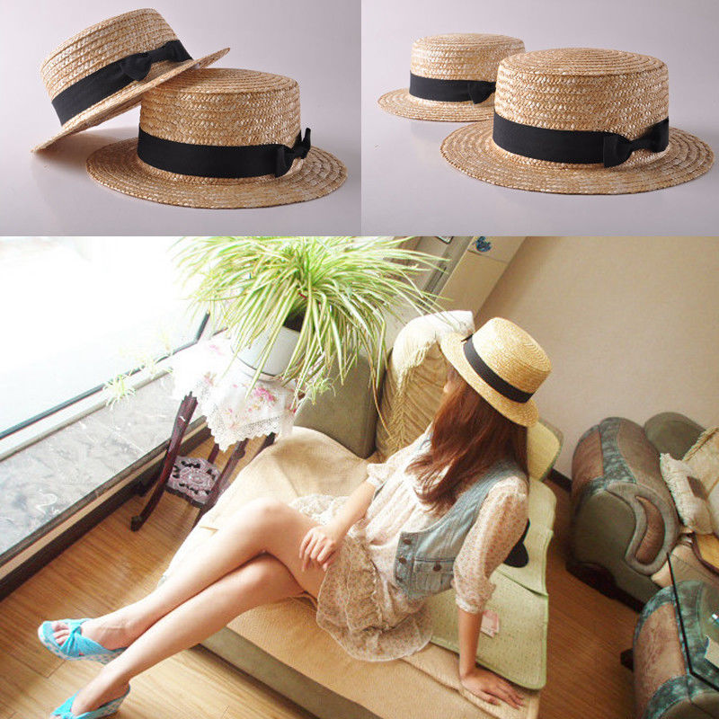 Family Hat Women's Kids Girls Straw Bowler Boater Sun Hat Round Flat Caps Brim Summer Beach