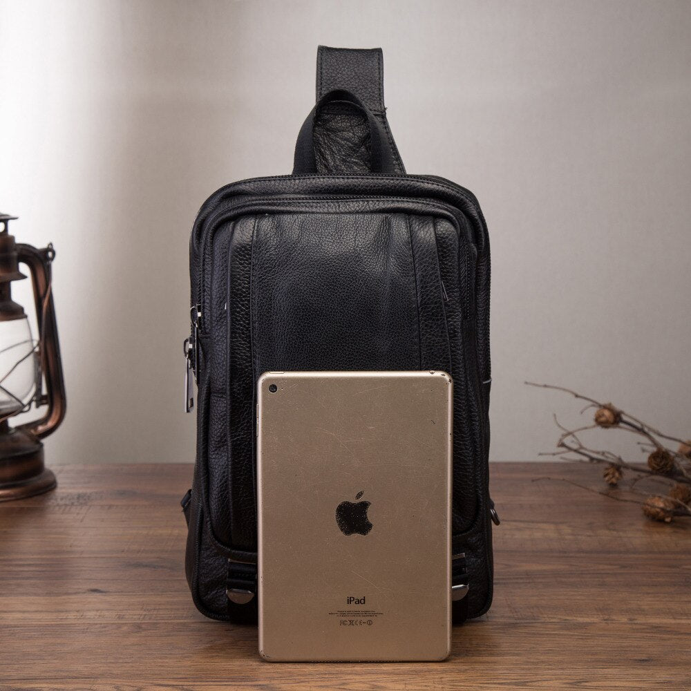 Hot Sale Men Original Leather Casual Fashion Chest Sling Bag 10" Tablet Design Travel One Shoulder Cross body Bag Black 3080-3