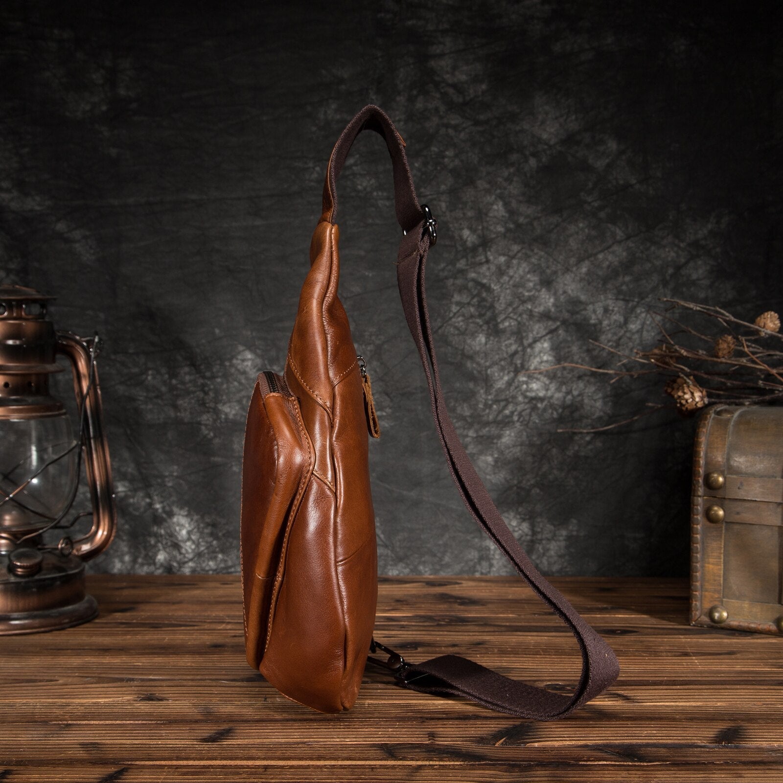 Men Original Leather Casual Fashion Chest Sling Bag 8" Tablet Umbrella Brown Design One Shoulder Bag Cross body Bag Male 8810