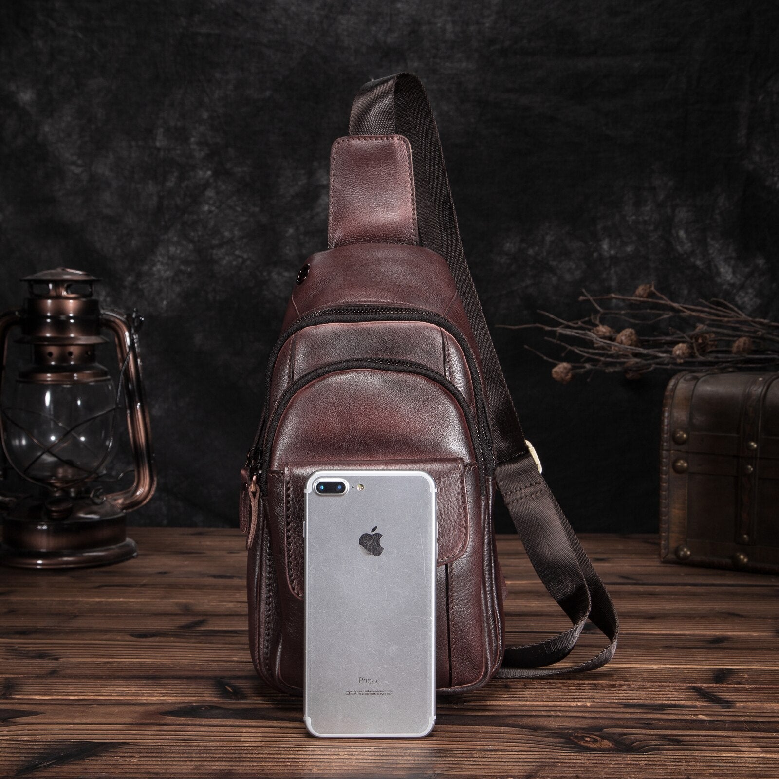 Hot Sale Men Crazy Horse Leather Casual Fashion Daypack Chest Sling Bag 8" Tablet Design One Shoulder Cross body Bag Male 8013w