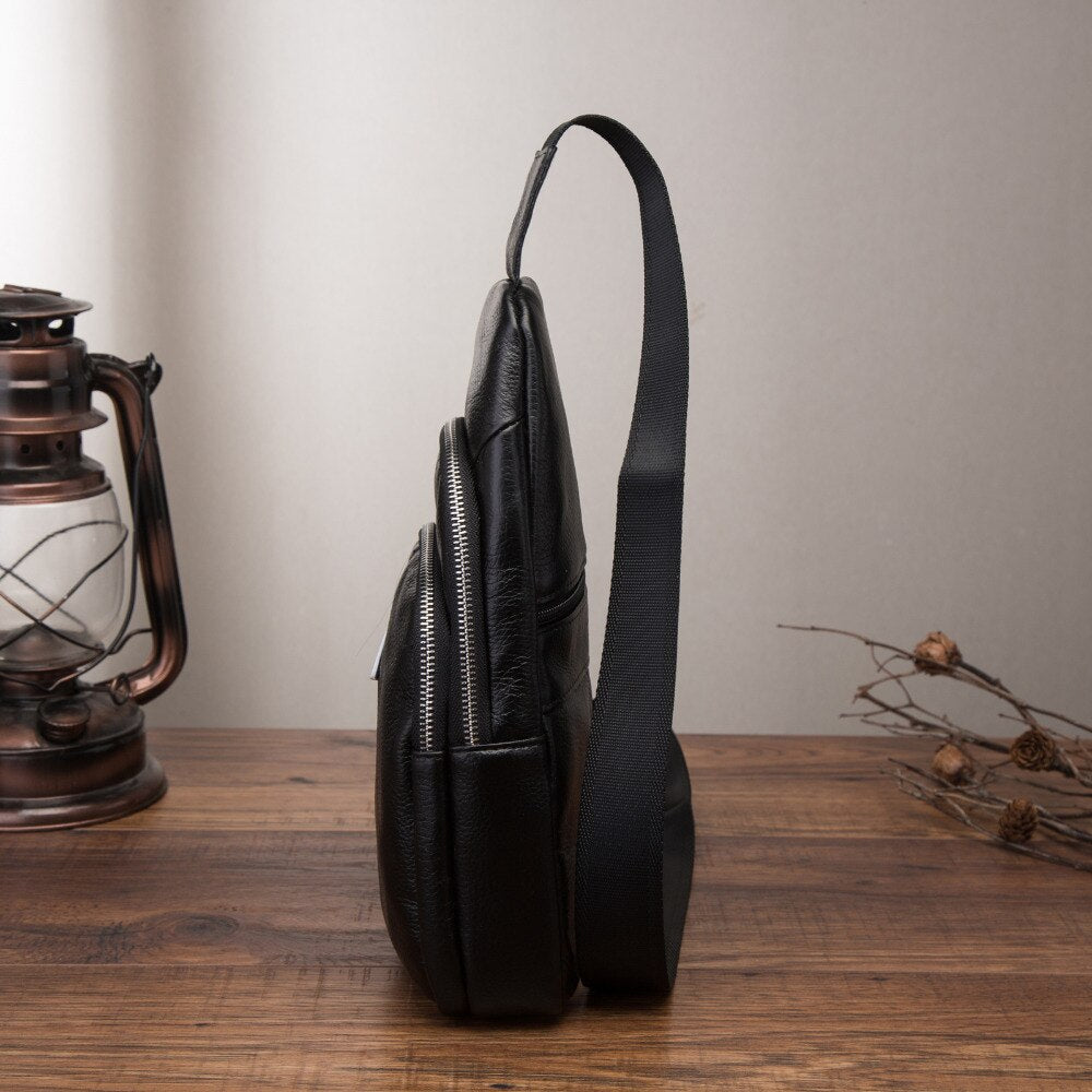 Men Original Leather Casual Fashion Chest Sling Bag 8" Tablet Umbrella Black Design One Shoulder Daypack Crossbody Bag Male 155