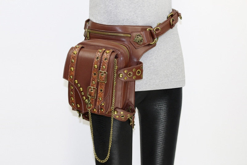 Lady Pockets Retro Messenger Bags Punk Vintage Steampunk Crossbody Women Shoulder Waistbag Men Hombre Skull Rivet Travel Leg Bag
