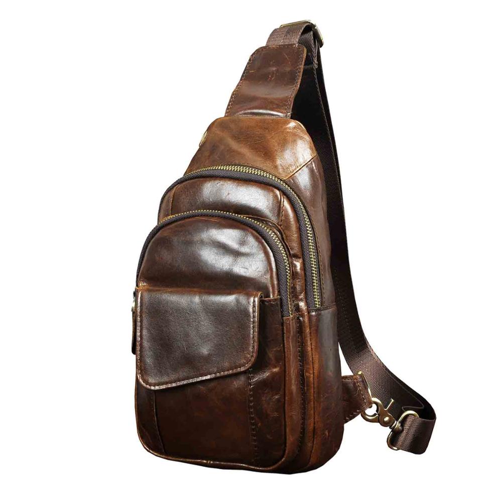 Hot Sale Men Crazy Horse Leather Casual Fashion Daypack Chest Sling Bag 8" Tablet Design One Shoulder Cross body Bag Male 8013w