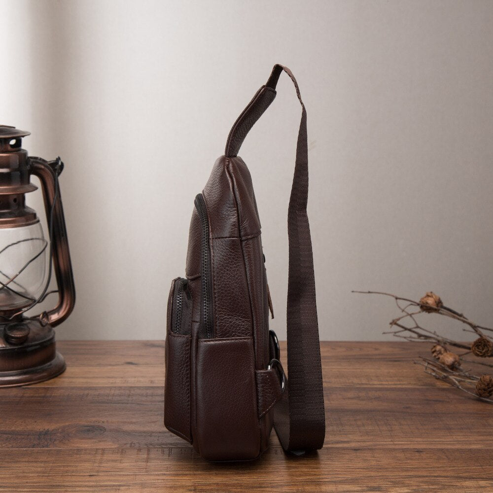 Men Genuine Leather Casual Fashion Chest Sling Bag 8" Tablet Umbrella Black Design One Shoulder Daypack Crossbody Bag Male 8002
