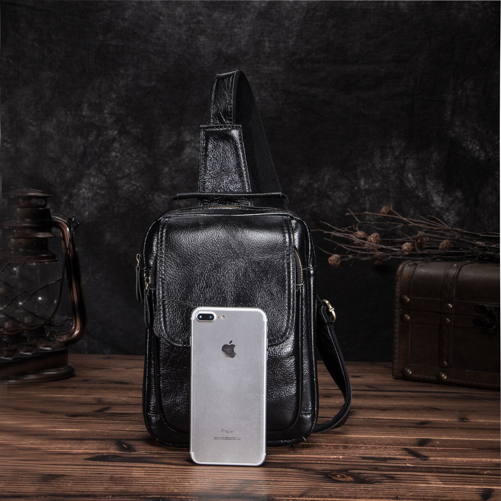 Men Leather Casual Fashion Triangle Chest Sling Bag 8" Tablet Black Travel Design Tote One Shoulder Cross body Bag Male 20154