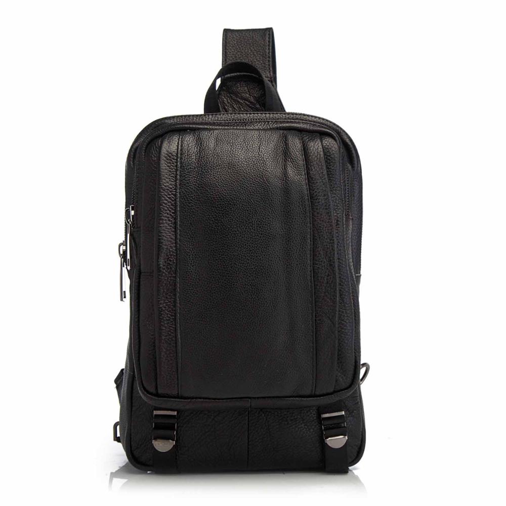 Hot Sale Men Original Leather Casual Fashion Chest Sling Bag 10" Tablet Design Travel One Shoulder Cross body Bag Black 3080-3