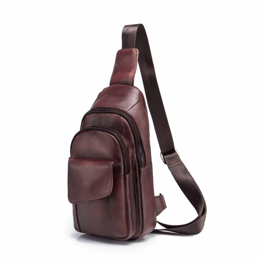 Hot Sale Men Crazy Horse Leather Casual Fashion Daypack Chest Sling Bag 8" Tablet Design One Shoulder Cross body Bag Male 8013w
