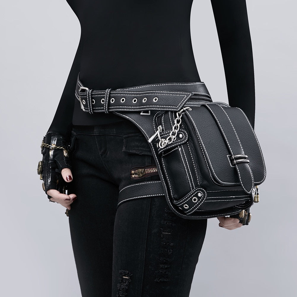 Lady Pockets Retro Waistbag Messenger Bag Punk Mujer Femme Women Hiking Waist Bag Womens High Quality PU Leather Travel Leg Bag