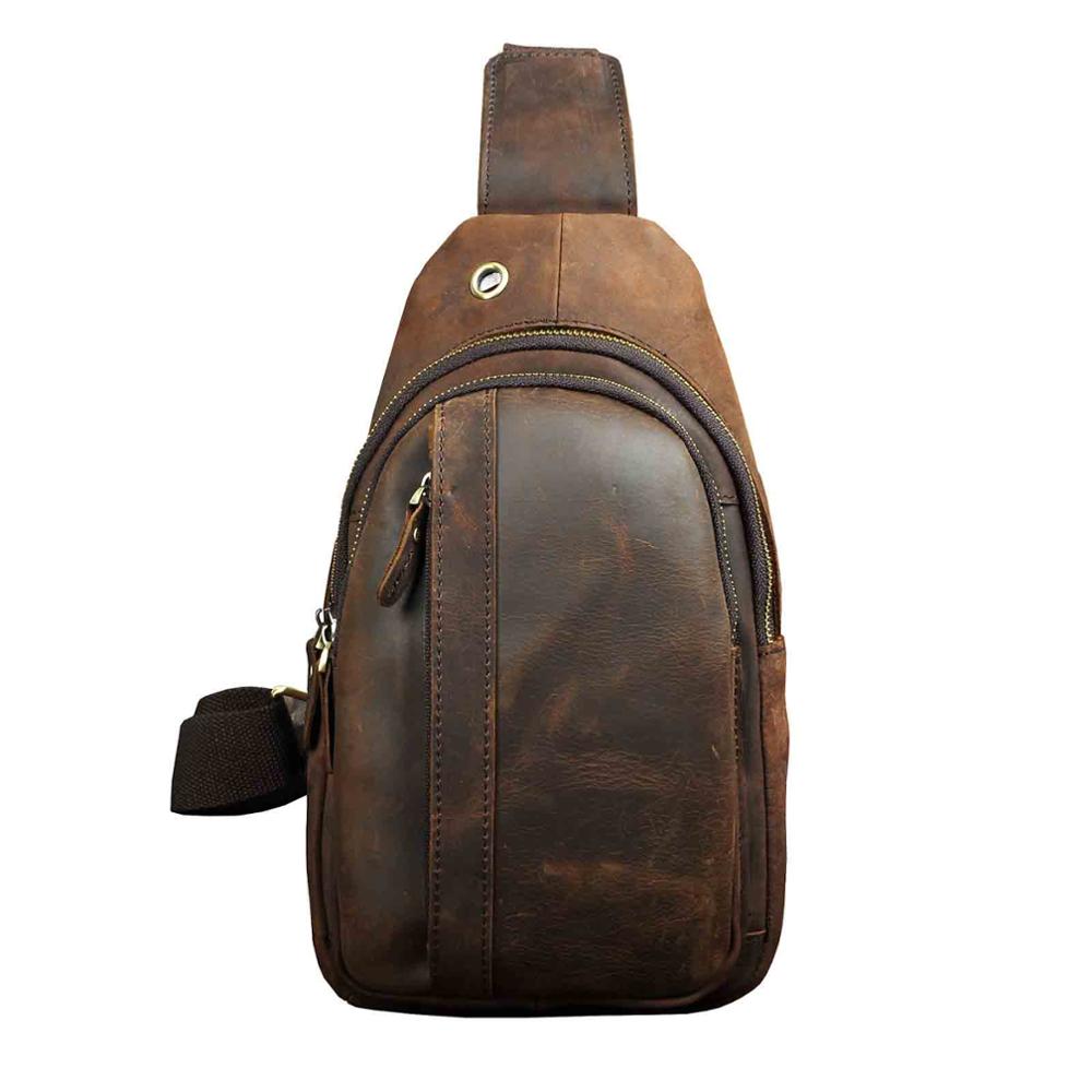 Men Leather Casual Fashion Triangle Chest Sling Bag 8" Tablet Brown Travel Design One Shoulder Bag Cross body Bag Male 010G