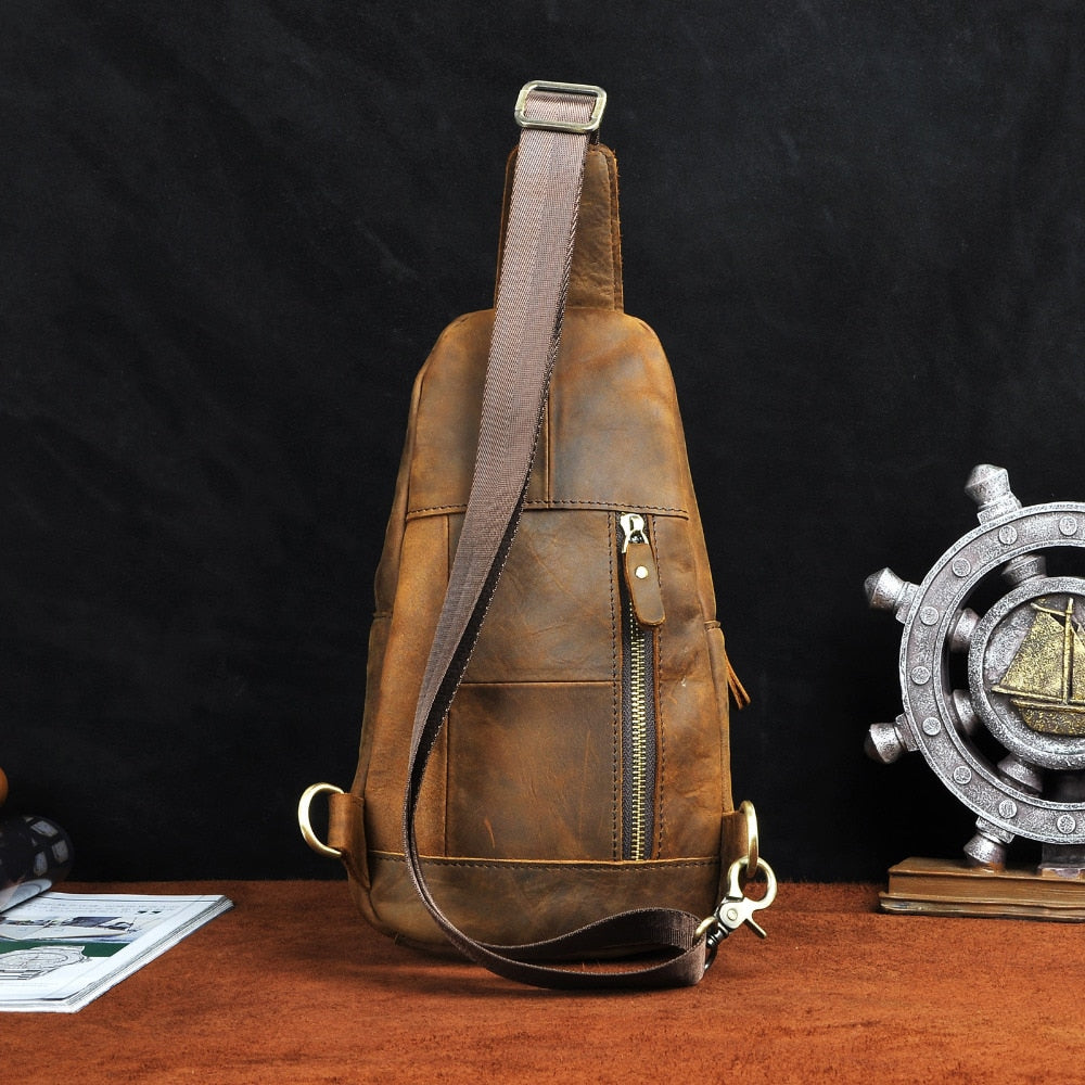 Men Retro Original Leather Casual Design Chest Sling Bag Fashion Travel One Shoulder Bag 8" Tablet Umbrella Daypack Male 8006