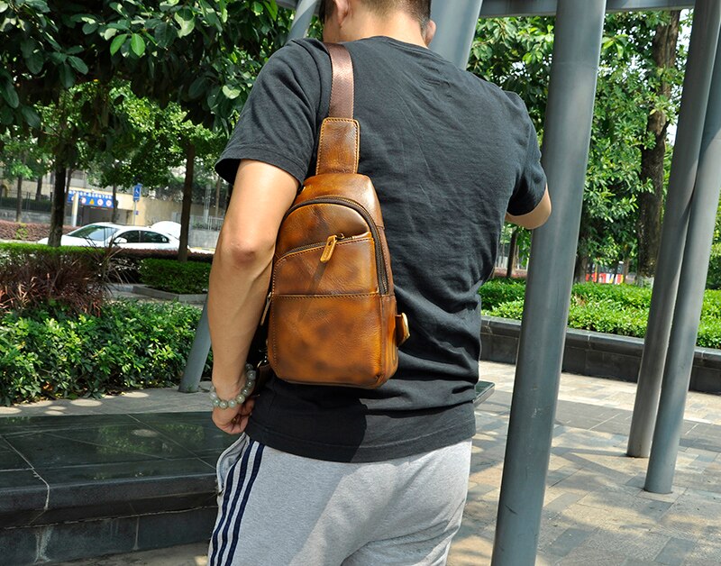 Men Quality Leather Casual Triangle Chest Sling Bag 8" Tablet Design One Shoulder Bag Fashion Crossbody Bag Daypack Male 8010l