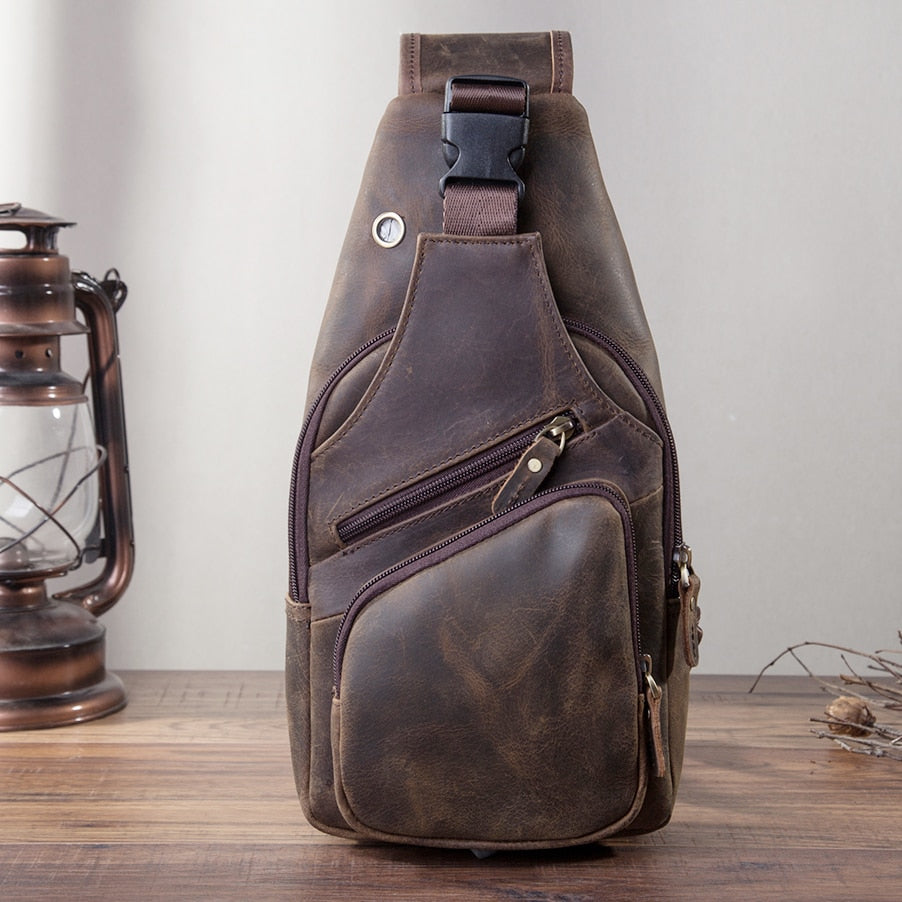 Hot Sale Soft Genuine Leather Fashion Triangle Sling Chest Bag For Men Female 8" Tablet Design One Shoulder Cross body Bag 8015