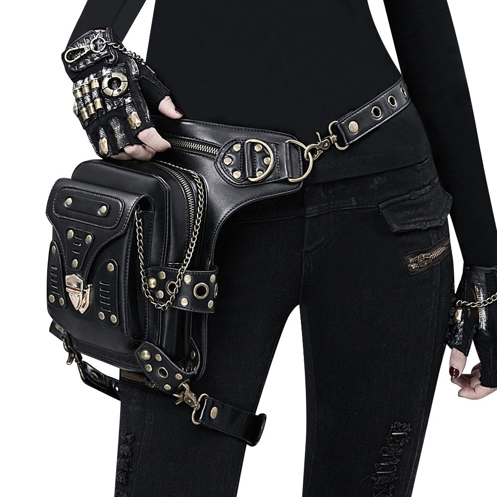 Lady Pockets Waistbag Riding Messenger Bag Punk Femme Womens Hiking Waist Bag Women High Quality Genuine Leather Travel Leg Bag