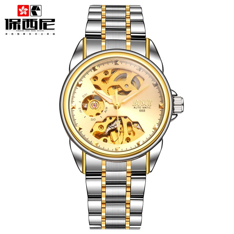 Men's Watches Automatic Mechanical Gold Watch Male Skeleton Dial Waterproof Stainless Steel Band Bosck Sports Watches Self Wind