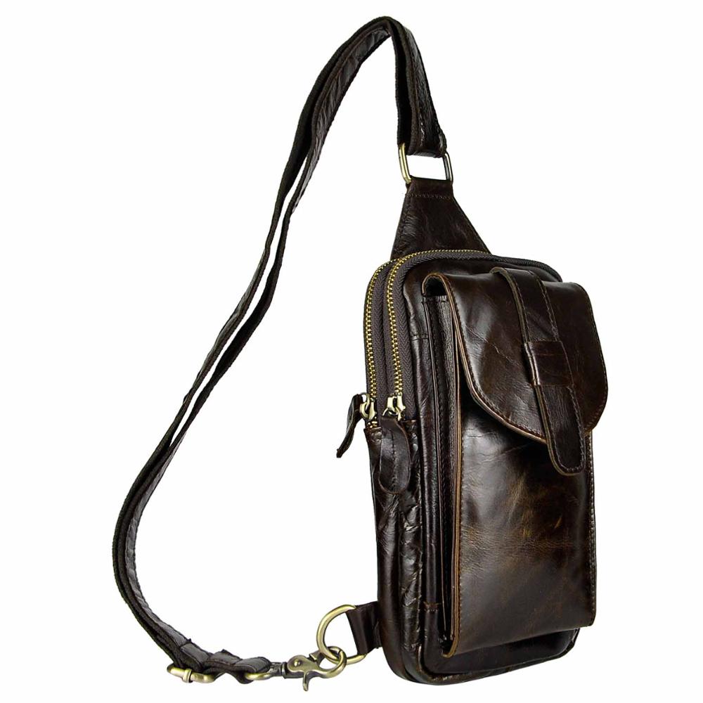 Men Original Real Leather Casual Fashion Coffee Triangle Chest Sling Bag Design