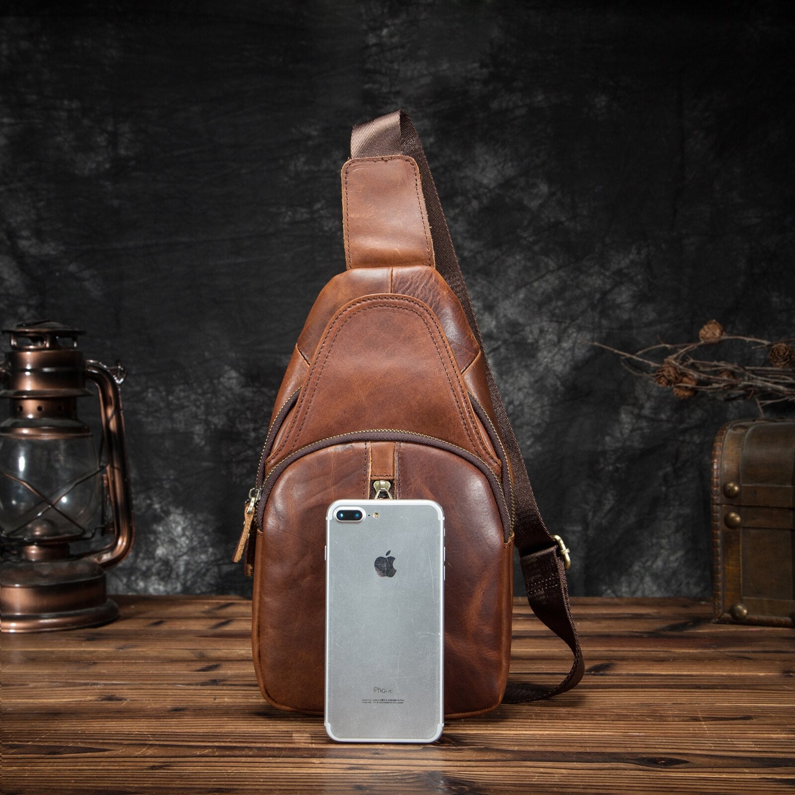 Men Quality Leather Casual Fashion Chest Sling Bag 8" Tablet Umbrella Black Design One Shoulder Daypack Crossbody Bag Male 153d