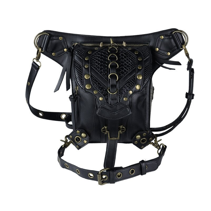 Punk Rock Waist Bag Womens Vintage Gothic Shoulder Bags Female Femme Leather Rivet Cross Body Messenger Bag for Ladies Steampunk